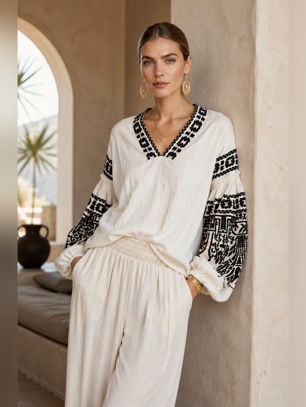 Mes Demoiselles Paris Petra Embroidered Boho Peasant Blouse Oversized